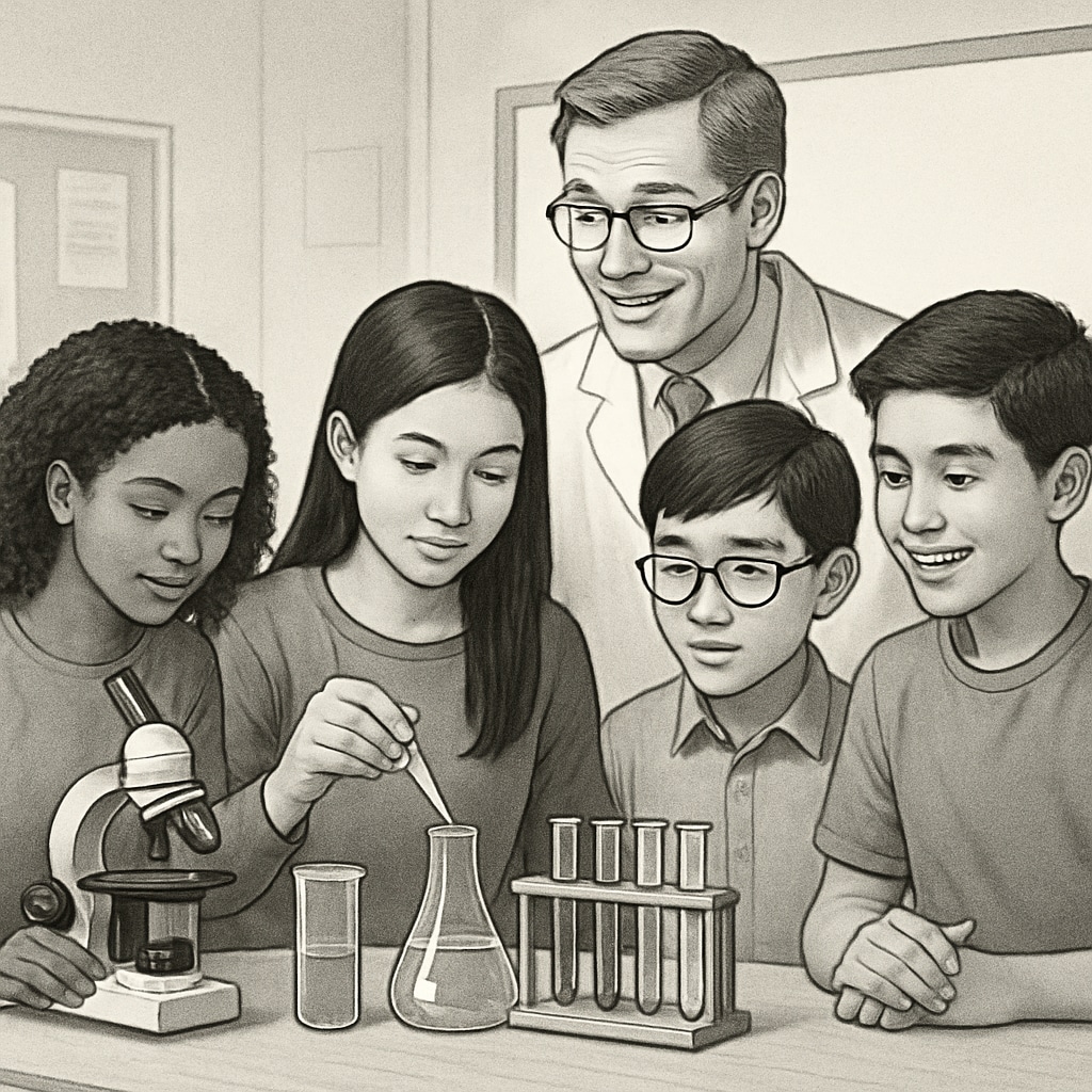 A high school science teacher working with diverse students, including English Language Learners, at a lab station. Science teacher assisting English Language Learners in a lab activity.