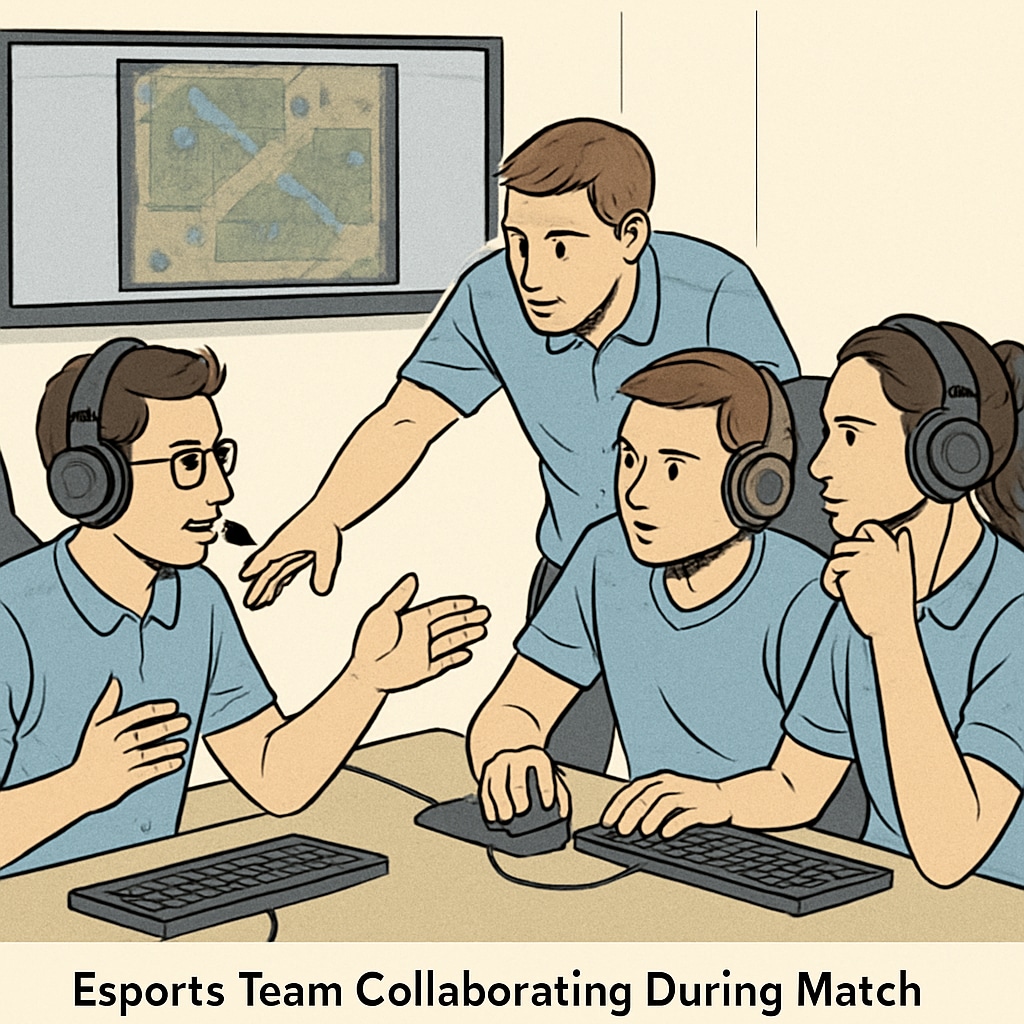 An esports team working together during a competitive match, highlighting teamwork and collaboration. Esports players collaborating during a team-based game in an educational setting.