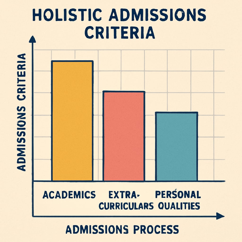 A graph displaying the holistic admissions criteria, with categories like academics, extracurriculars, and personal qualities, illustrating the admissions process. Visual representation of Harvard’s holistic admissions criteria.