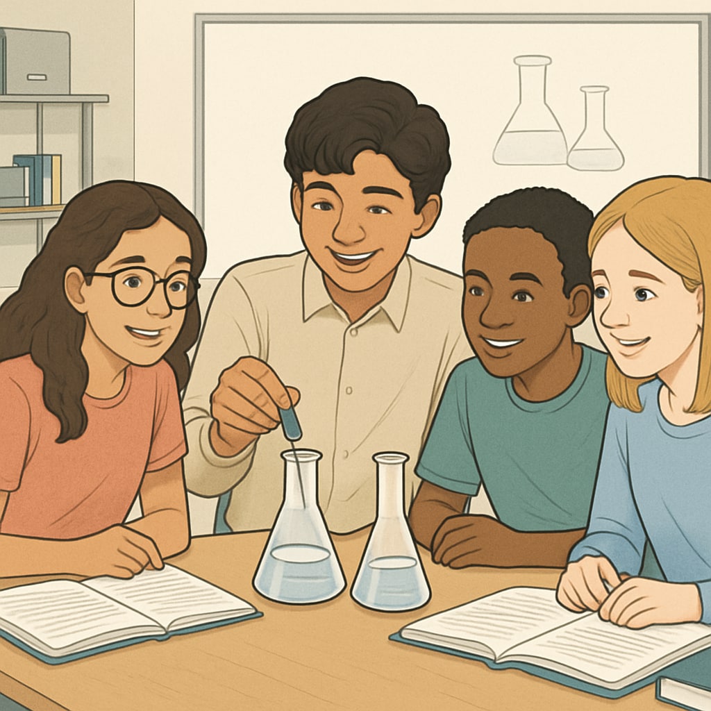A group of diverse high school students working together on a science project, with an English Language Learner actively contributing. Collaborative student group including English Language Learners in a science classroom.