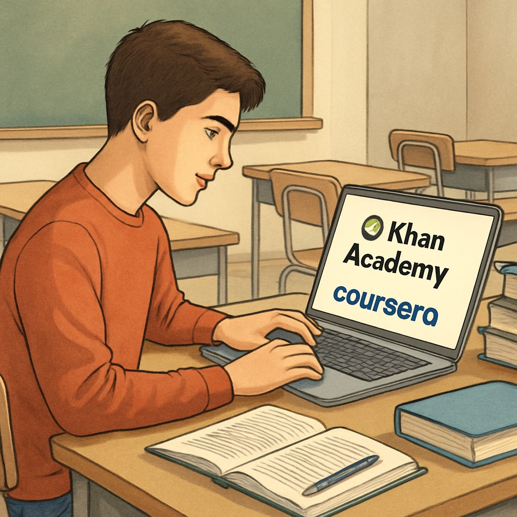 A high school student using a laptop to explore online educational resources like Khan Academy or Coursera. High school student using free educational platforms like Khan Academy or Coursera.