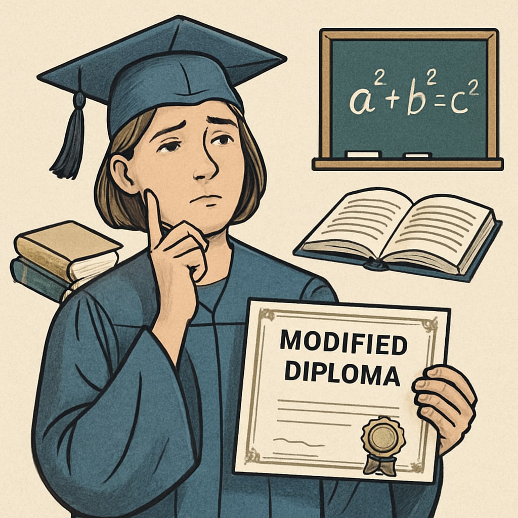 A student holding a modified diploma while reflecting on their educational journey, symbolizing mixed emotions. Student holding a modified diploma with mixed emotions about their achievements.
