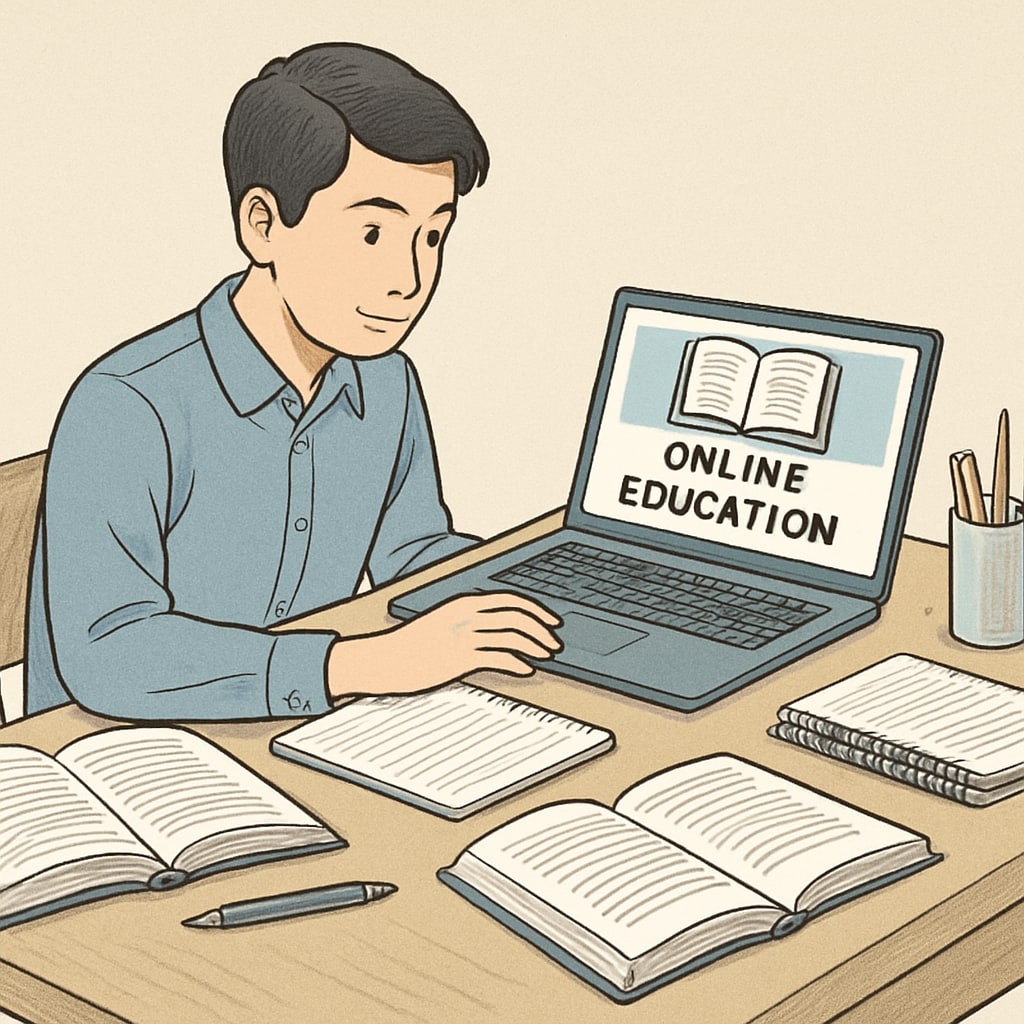 A high school student researching online educational resources on a laptop, with books and notes around. High school student exploring educational courses and resources online.