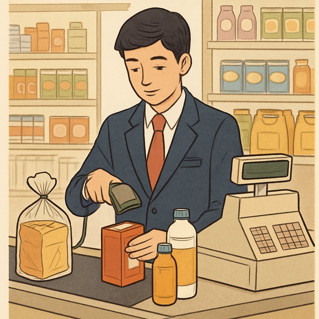 A high school student working at a cashier in a local grocery store, representing the concept of balancing part-time jobs with education. High school student working as a cashier to balance part-time jobs and academics.