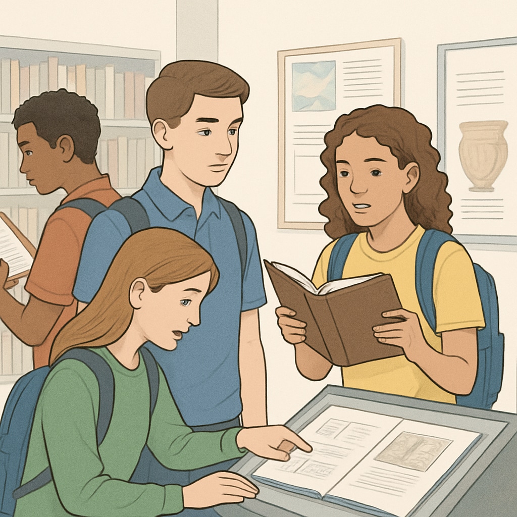 A group of high school students participating in a community library workshop or museum tour. High school students engaged in free community activities such as library workshops.