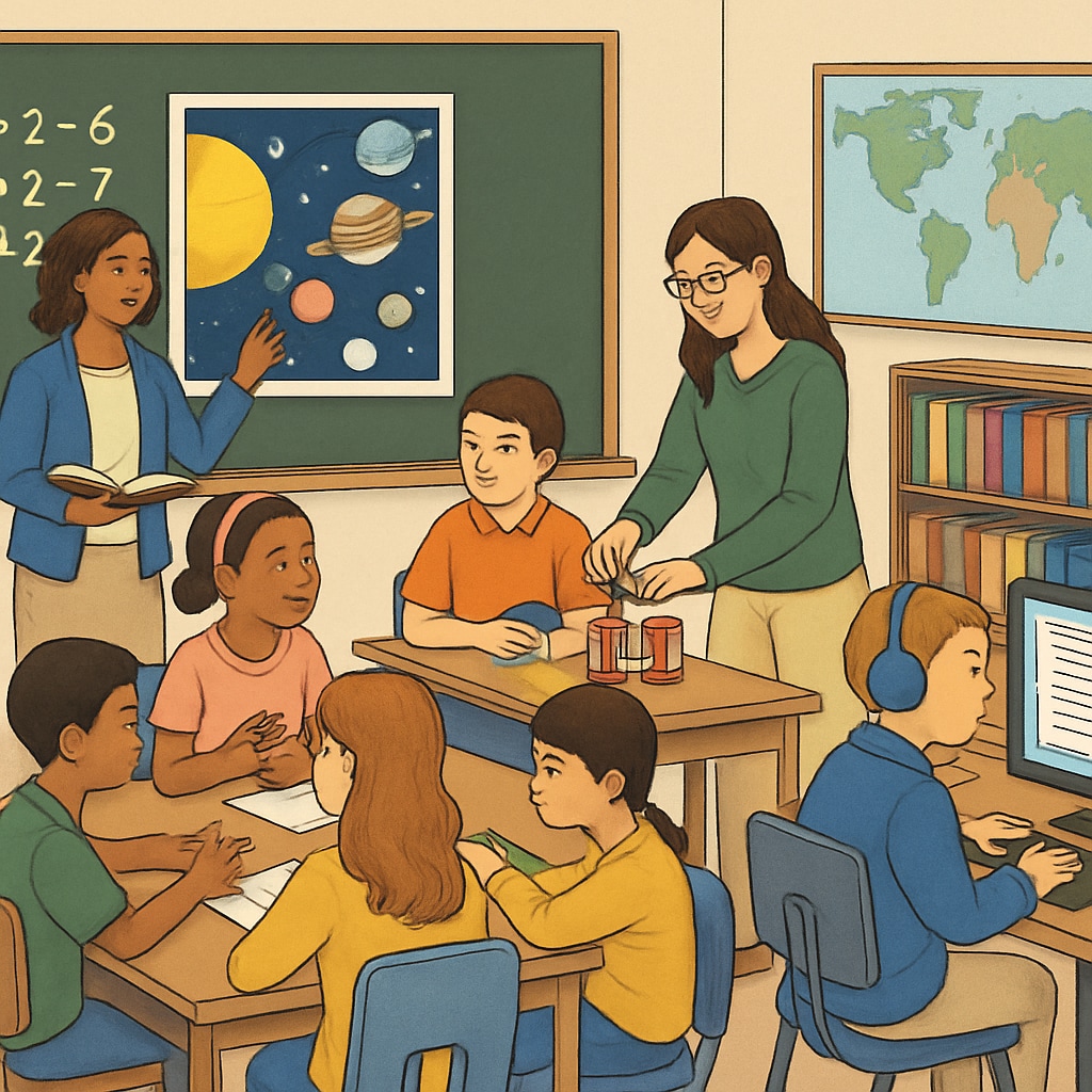 A classroom setting emphasizing diverse teaching methods to cater to varied learning needs. Classroom showcasing inclusive teaching methods for diverse learning needs.