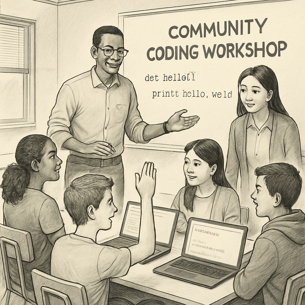 A group of high school students attending a free community workshop on coding, engaging with laptops and instructors. High school students participating in a community-based learning program.