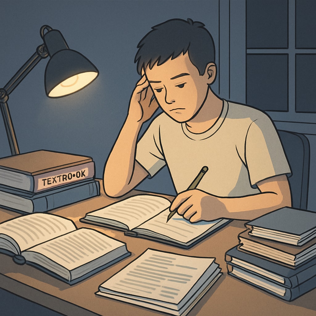 A student studying late at night with work-related materials beside them, demonstrating the challenge of managing academics and part-time jobs. High school student struggling to balance studying and part-time work.