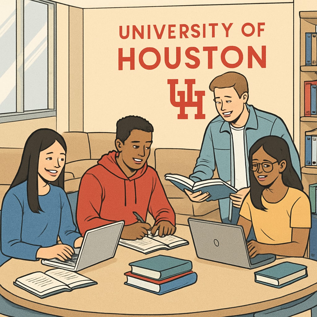 A group of students collaborating in a study lounge at the University of Houston, showcasing teamwork in an academic setting. A study group at the University of Houston collaborating on coursework.
