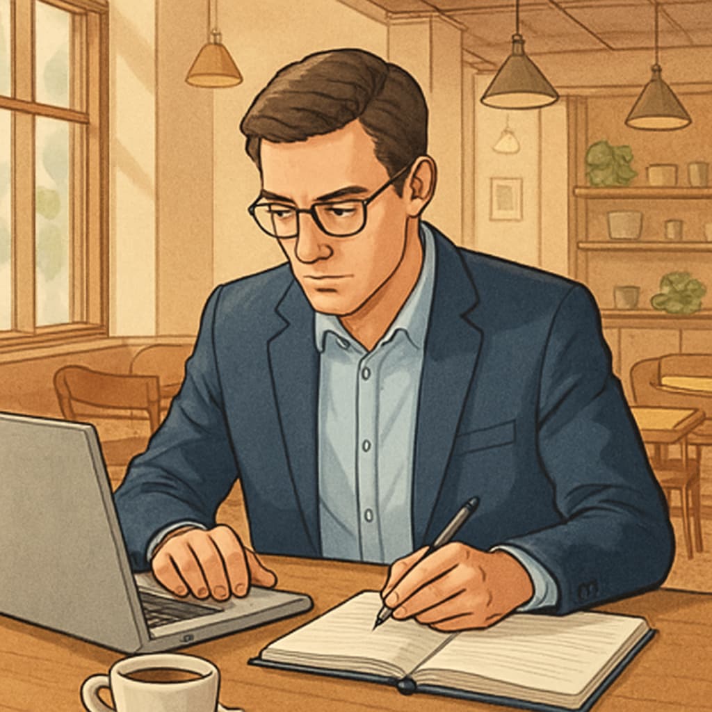 A working professional studying on their laptop at a coffee shop, symbolizing the balance between work and education. Professional studying for a master's degree at a coffee shop.