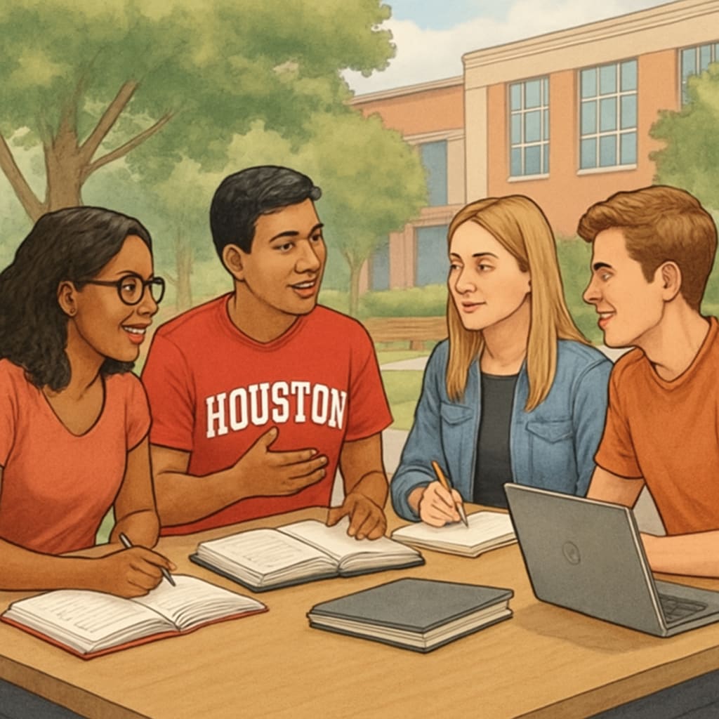 A group of University of Houston students actively participating in a study session on campus. University of Houston students in a collaborative study session.