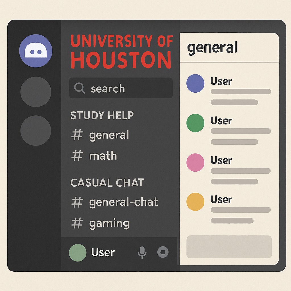 A screenshot showing a Discord server for University of Houston students with organized channels, including study help and casual chat sections. Discord server for University of Houston students with academic and social channels.