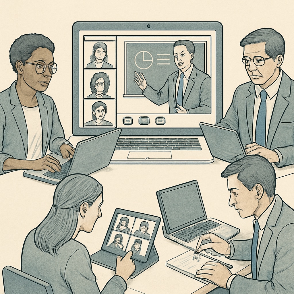 A group of professionals attending an online class via a video conferencing platform, illustrating flexibility in education. Group of professionals in an online class for master's degree programs.