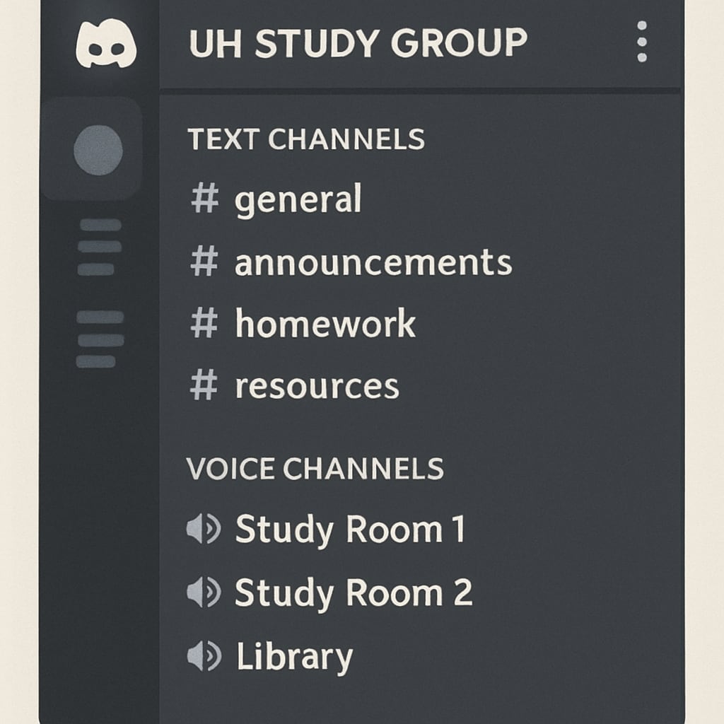 A screenshot of a Discord channel dedicated to a University of Houston study group, showcasing organized text and voice channels. Discord channel used by a University of Houston study group for collaboration.