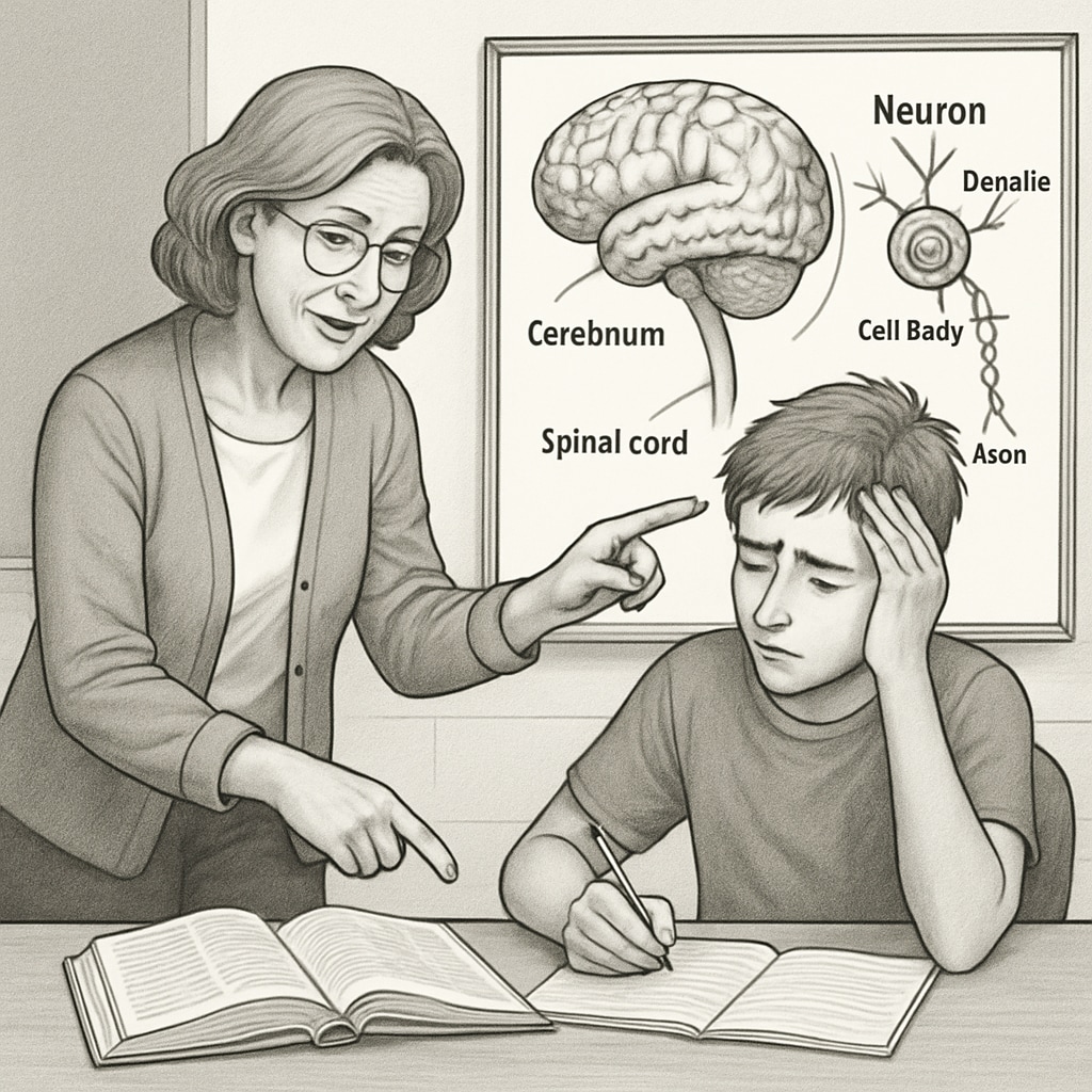 A tutor helping a student with learning difficulties understand a complex medical concept through visual aids. A tutor assisting a student with learning difficulties in solving medical-related problems.