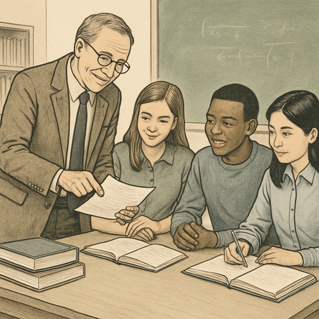 An image of a classroom setting where a professor is reviewing academic work with students, symbolizing collaboration and trust. A professor reviewing academic work with students, promoting trust and academic integrity.