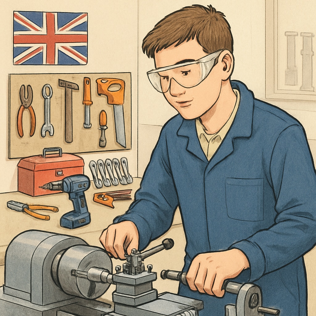 A young adult attending a vocational training session in the UK, surrounded by hands-on tools and equipment, symbolizing practical education options. Young adult engaging in vocational training in the UK to restart their education journey.