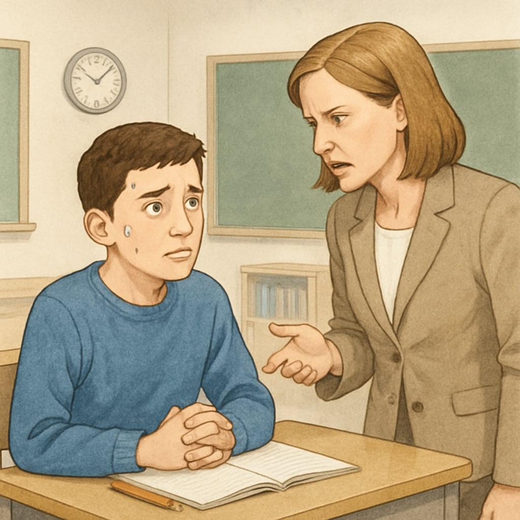 A student being confronted by a teacher in a classroom setting, illustrating a tense moment. A tense moment between a student and teacher related to a plagiarism accusation.