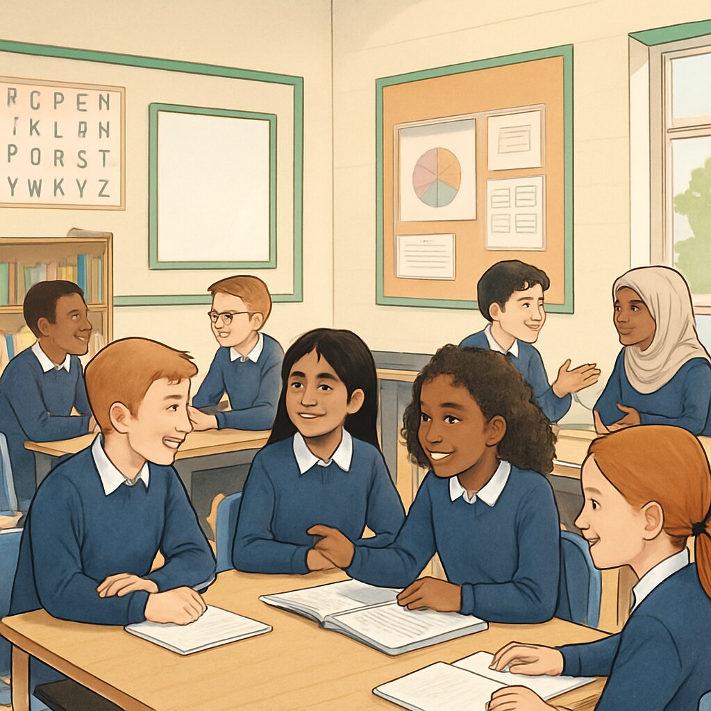 A classroom setting in the UK with diverse students engaging in group discussions, symbolizing inclusivity and teamwork in education. Diverse students in a UK classroom rebuilding confidence through teamwork and collaborative learning.
