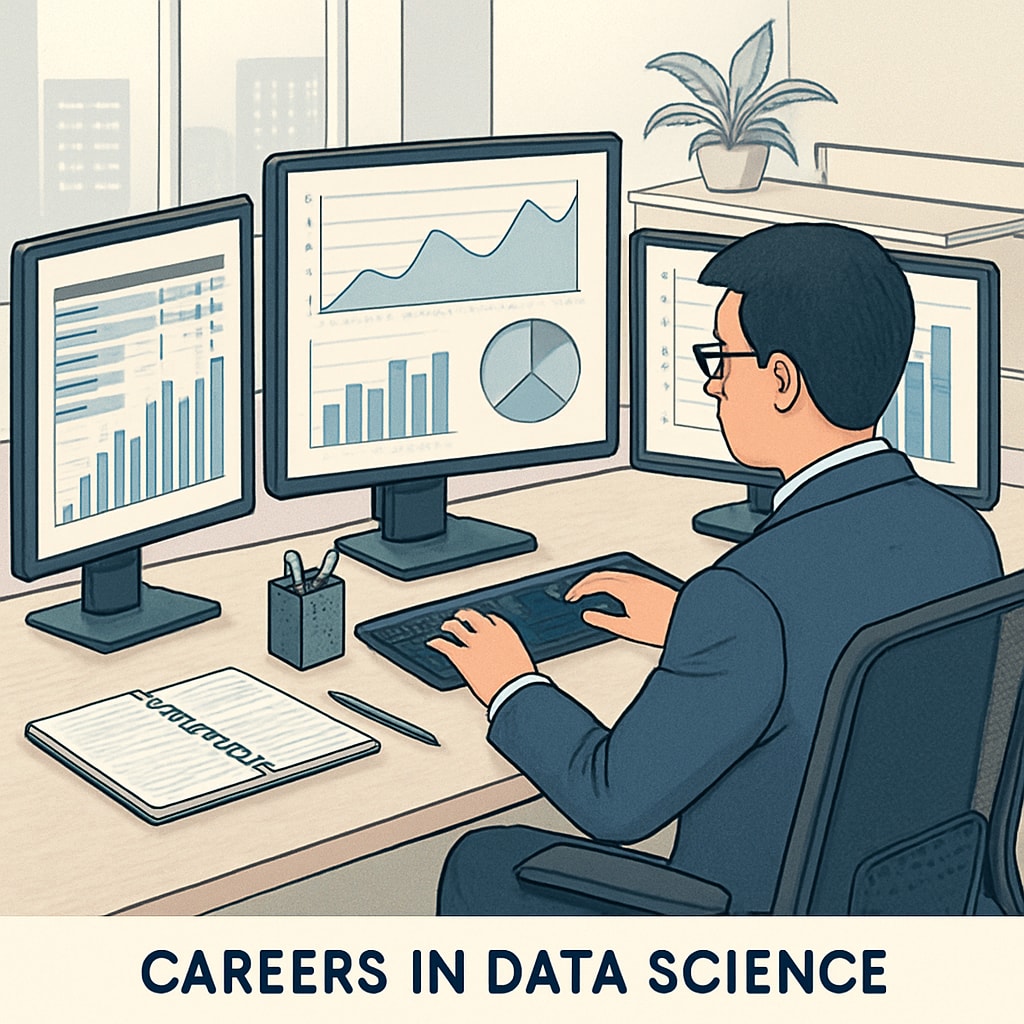 A professional working in a modern office, analyzing data on multiple screens, representing the career possibilities in data science. A data scientist analyzing data on multiple monitors in a modern office setting.