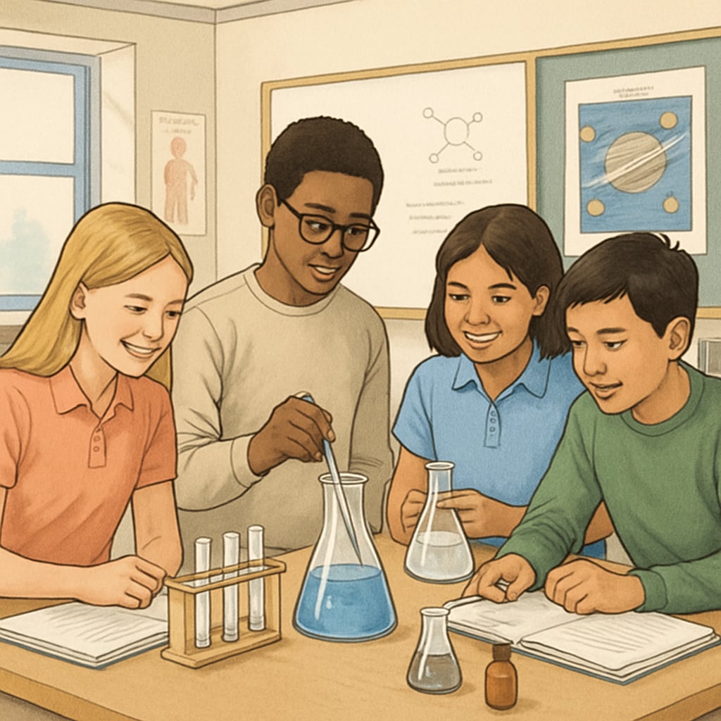 A group of diverse students conducting a hands-on science experiment in a classroom. This image emphasizes the importance of interactive learning for English learners in science education. Diverse students conducting a science experiment to support English learners in inclusive classrooms