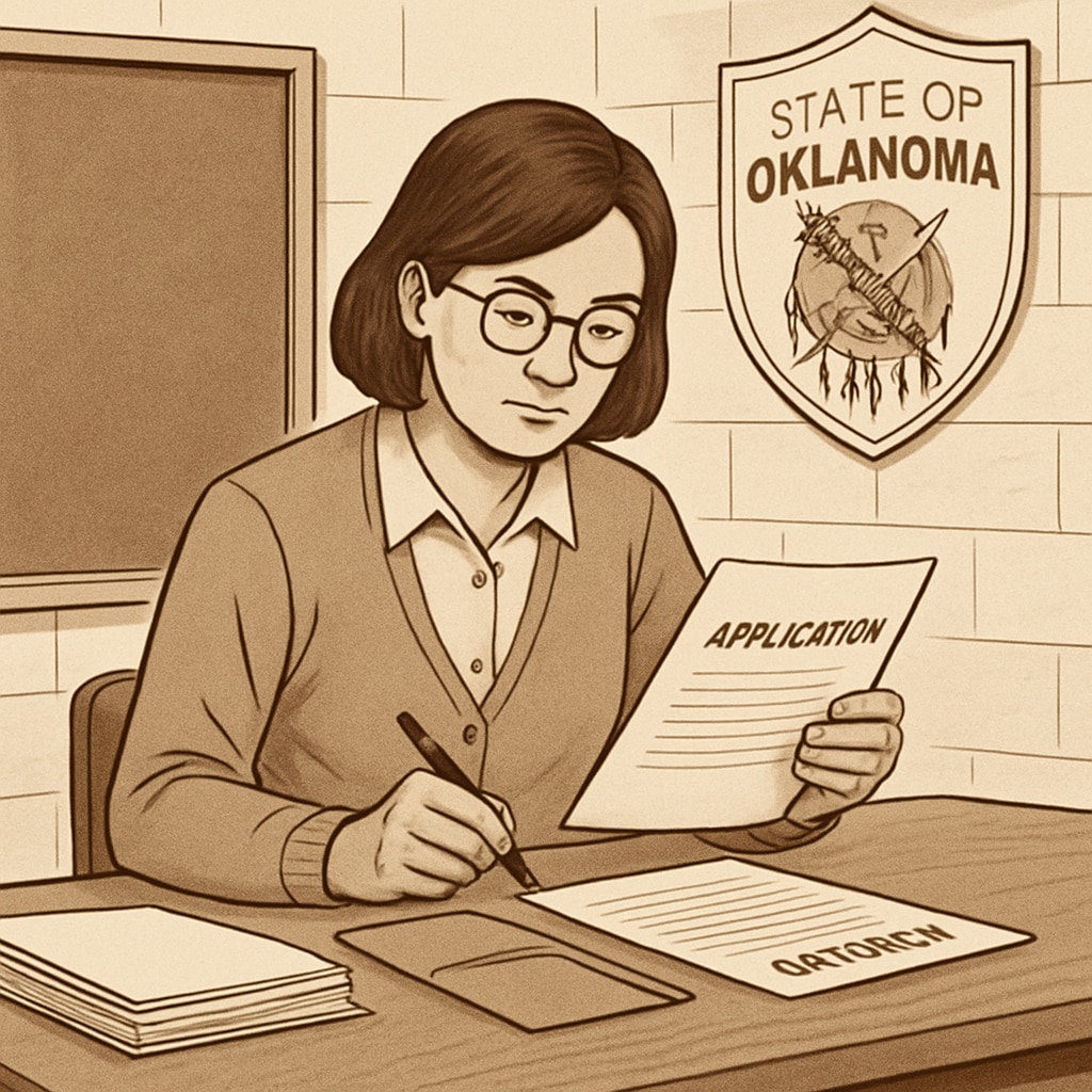 A teacher reviewing application documents in Oklahoma, symbolizing the screening process. Political ideology screening in teacher applications represented by document review.