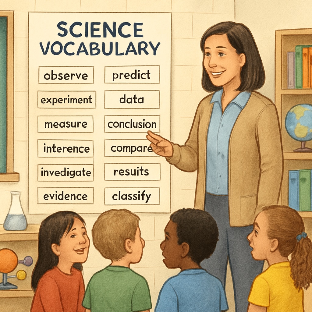 A teacher pointing to a science vocabulary word wall while engaging with students. This image highlights the role of visual aids in supporting language development in science instruction. Teacher using a vocabulary word wall to teach science to English learners