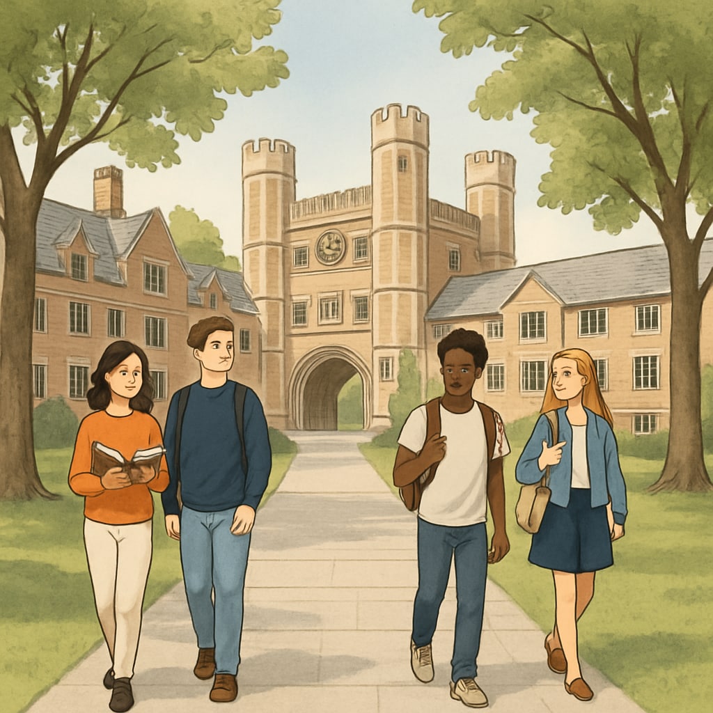 An image of students walking on Princeton University’s campus, symbolizing elite education. Princeton University campus with students walking, representing Ivy League education.