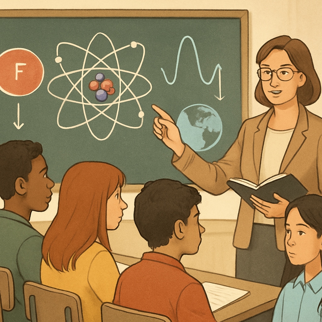 A teacher using visual aids and scientific diagrams to explain a concept to a linguistically diverse group of students. Teacher explaining science concepts to English learners using visual aids.