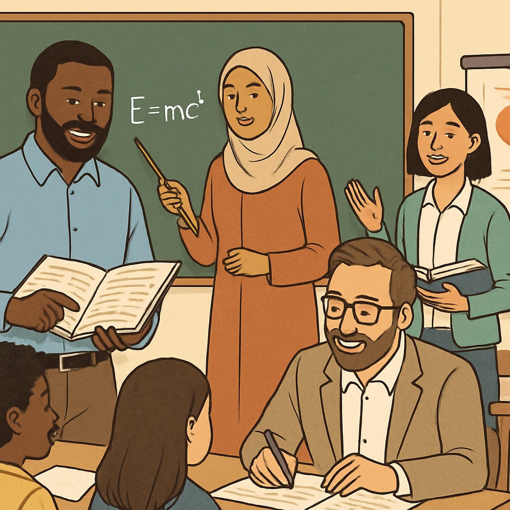 A diverse group of teachers in a classroom setting, representing varied ideologies and backgrounds. Diversity in teacher ideologies and backgrounds in a classroom environment.