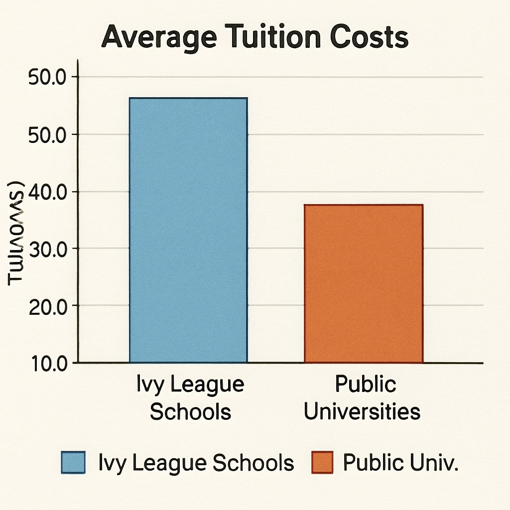 A graph comparing average tuition costs of Ivy League schools versus public universities. Tuition cost comparison graph of Ivy League schools and public universities.