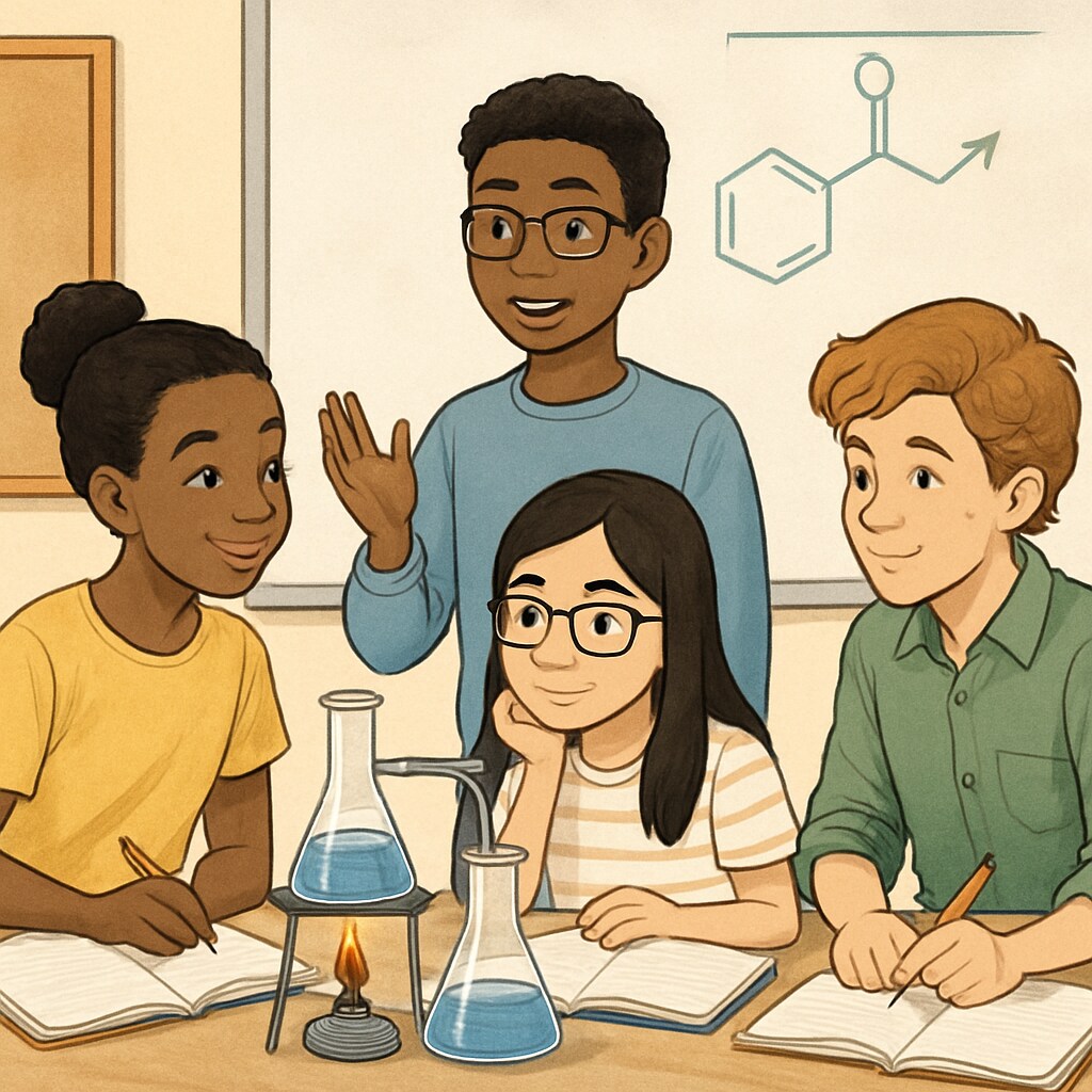 Diverse students collaborating on a science experiment, with one student explaining their findings to peers. English learners working together on a science experiment in class.
