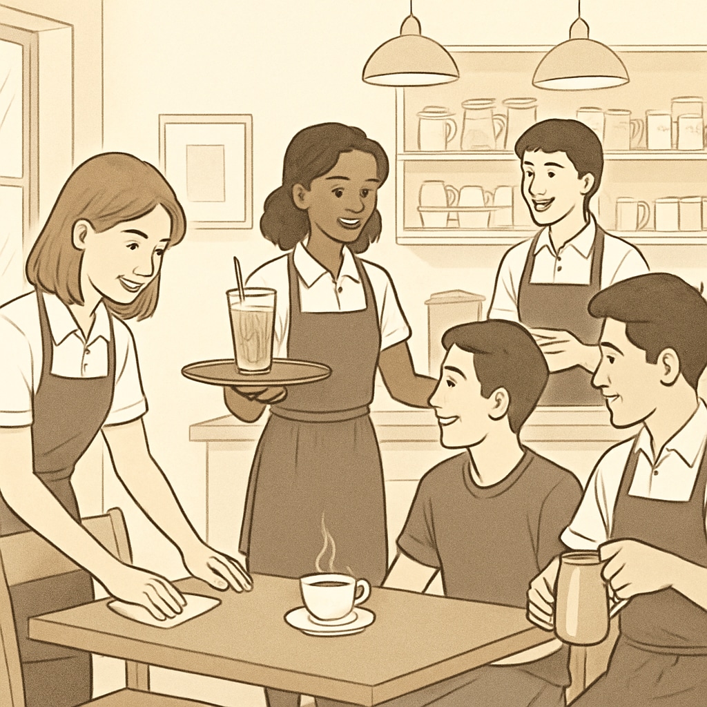 High school students working part-time in a cafe and learning teamwork skills.
