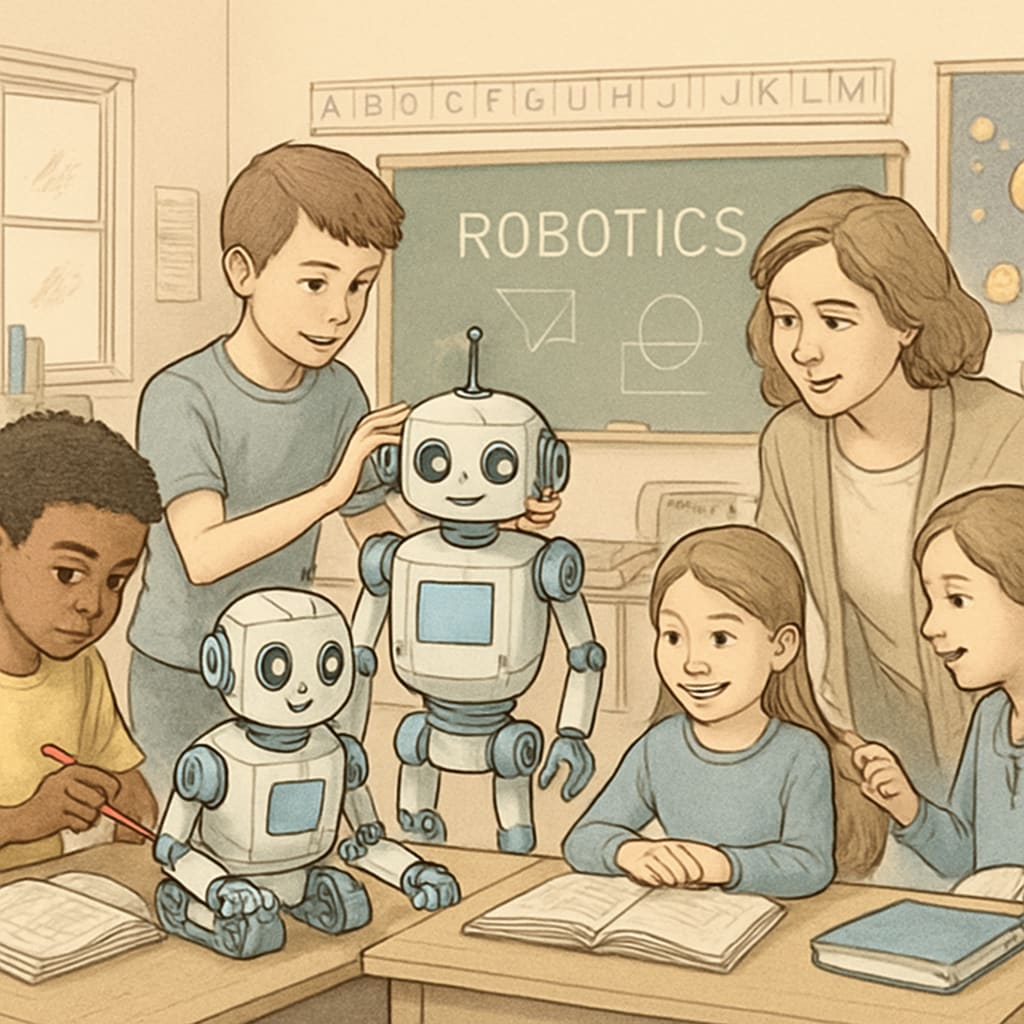 Students learning with educational robots, representing education and engineering dual degree applications.