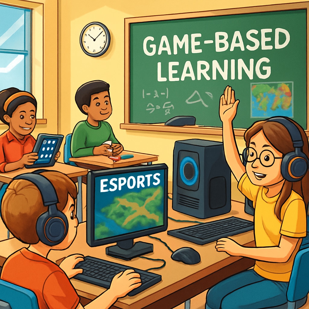 A vibrant classroom setup where students are engaged in game-based learning activities, with esports equipment prominently displayed. Students participating in a game-based learning session using esports equipment.