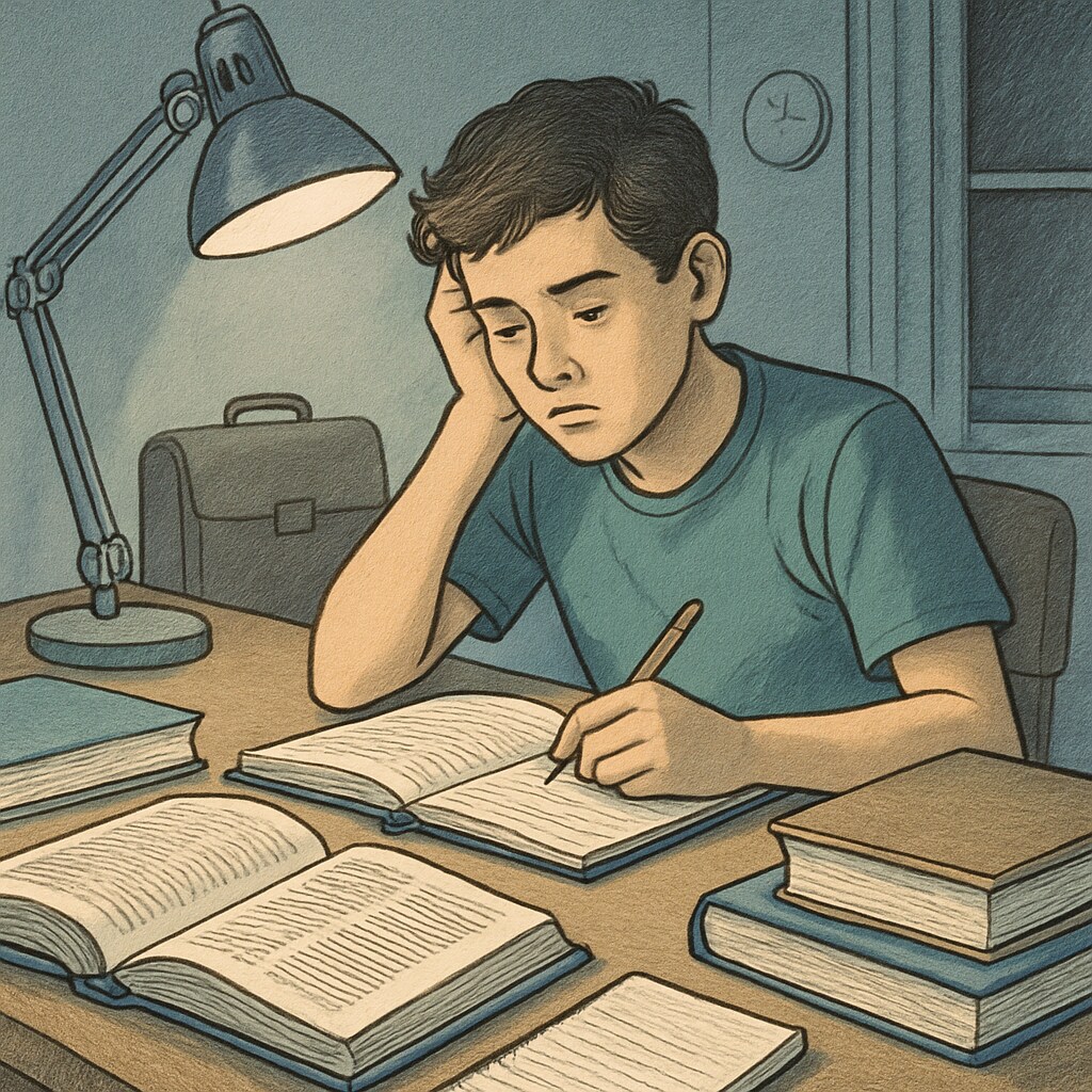 A high school student balancing late-night study and part-time job responsibilities.