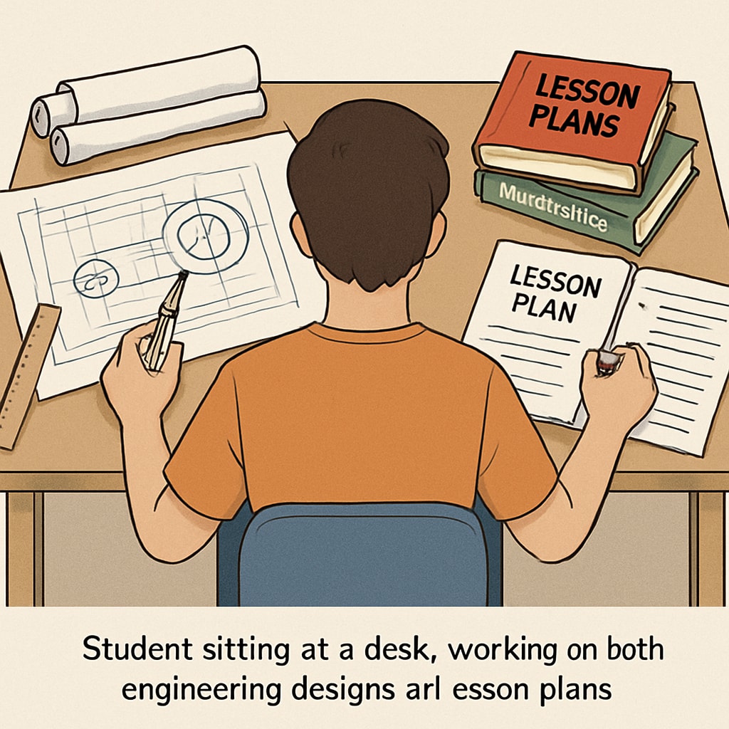 A student balancing engineering projects and lesson planning, illustrating education and engineering dual degree challenges.