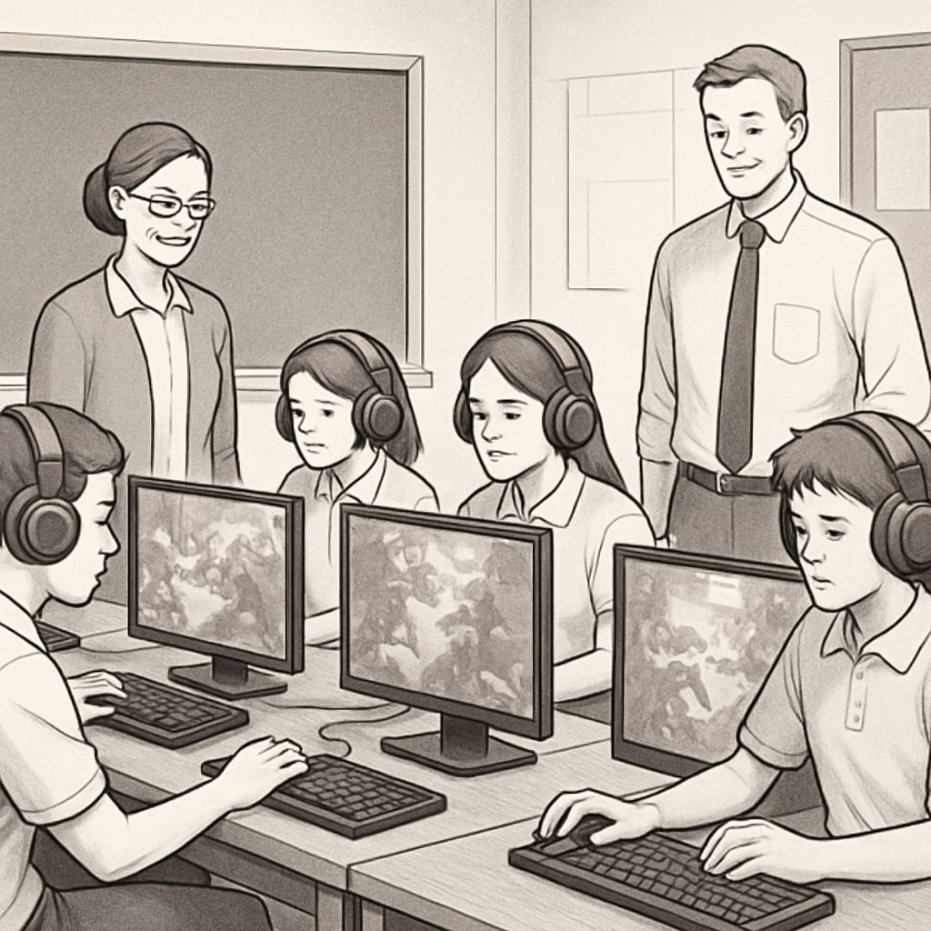Students practicing esports in a competitive environment, supervised by educators to ensure a structured and educational experience. Students engaged in competitive esports under educator supervision.