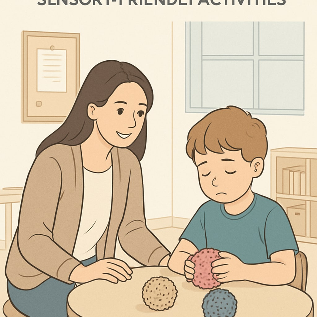 Teacher assistant helping a child with autism in sensory-friendly activities.