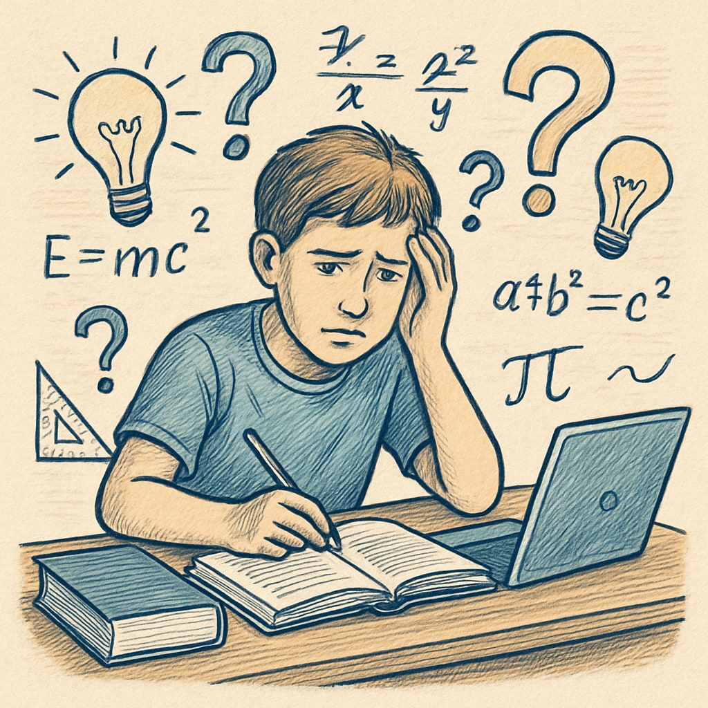 A K12 student studying with books and a laptop, representing struggles in education and learning challenges. A student navigating learning challenges in the educational system while pursuing medical dreams.