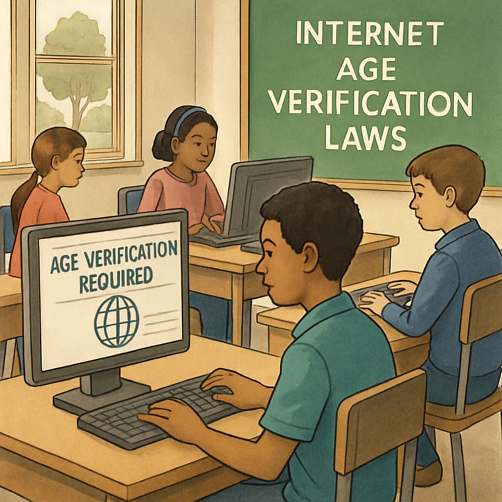 A classroom setting where students use computers for research, emphasizing the impact of internet age verification laws on education. Students in a classroom researching online, representing the effects of internet age verification laws.