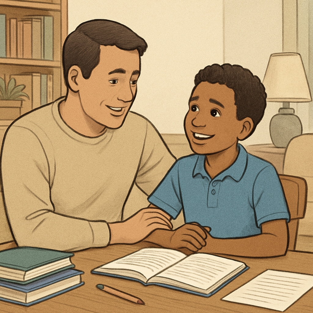 A parent and child engaged in a supportive conversation about academic goals, symbolizing family dynamics. Parent-child discussion about balancing family expectations and academic goals.
