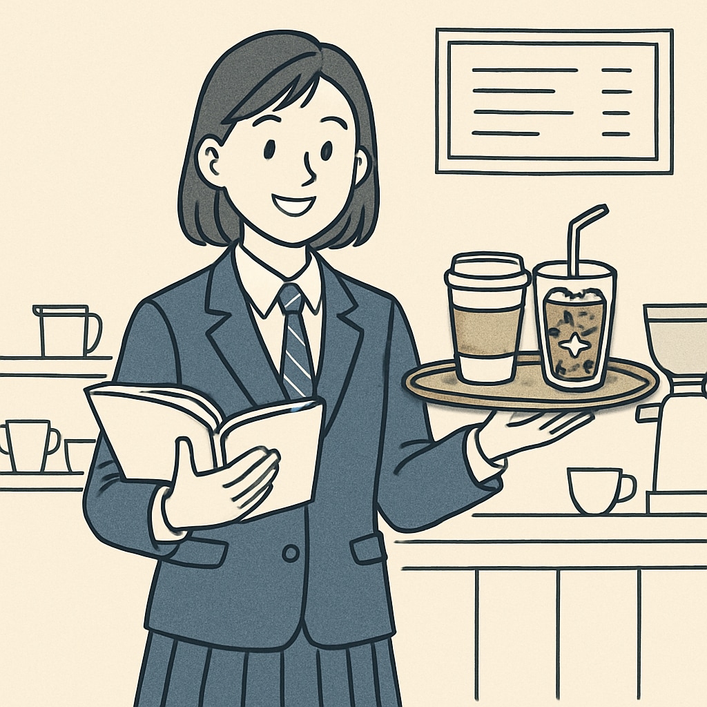 A high school student working at a café, balancing a notebook and a tray of drinks, symbolizing the challenges of combining work and study. High school student at a café balancing part-time work and academics.