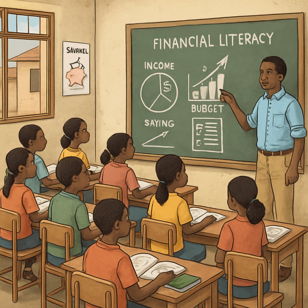 A classroom in a developing country where students learn about financial literacy, emphasizing the importance of real-world skills. Students in a developing country learning financial literacy in a classroom