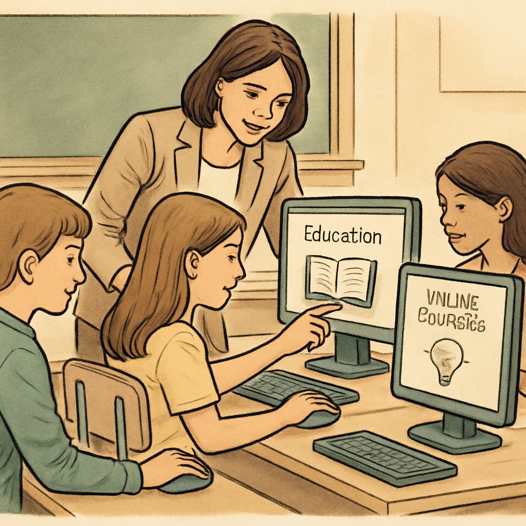 A teacher assisting students in navigating educational websites, symbolizing the need for balanced internet policies. A teacher helping students access educational websites amid internet age verification laws.