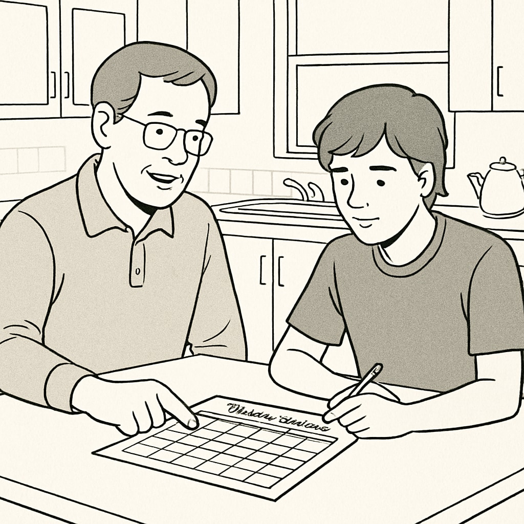 A parent and teenager reviewing a weekly schedule at a kitchen table, representing the importance of parental support in managing work and study balance. Parent and high school student discussing work and study schedule.