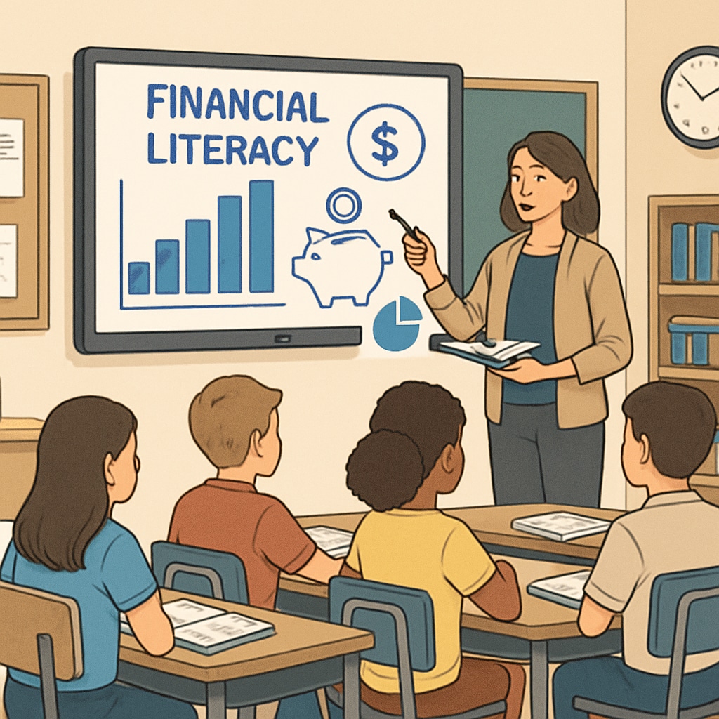 A teacher using a digital platform to deliver financial literacy lessons in a classroom, highlighting the role of technology in education. Teacher delivering financial literacy lessons through digital tools