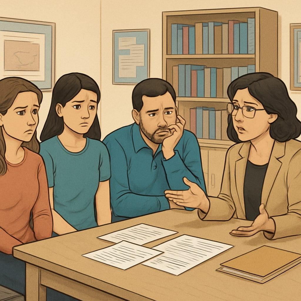 A frustrated family at a school office, showcasing the challenges of inter-district communication during student transfers. A family struggling with school transfer paperwork, representing inter-district communication issues.