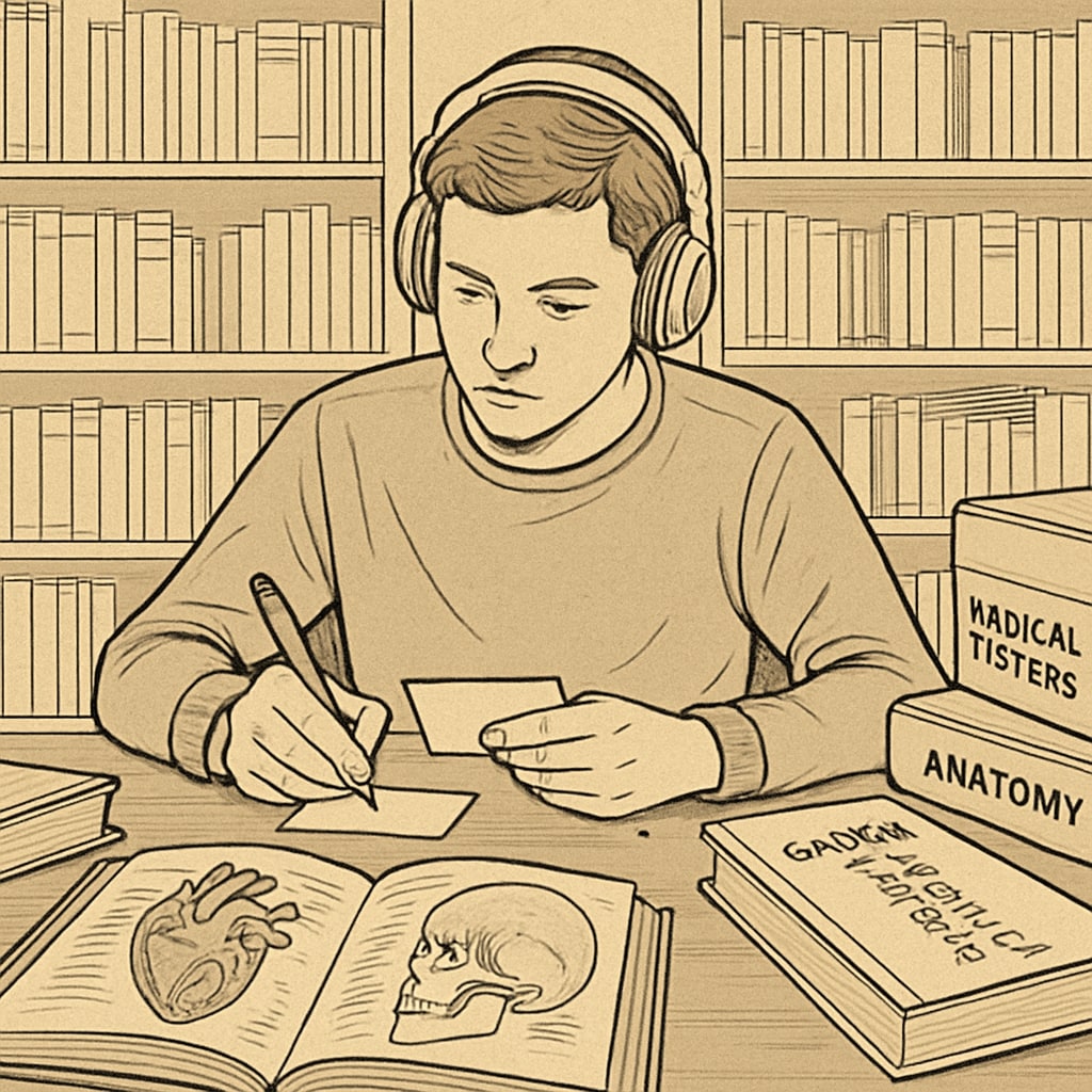 A young student studying in a library with medical textbooks, conveying determination despite visible learning aids such as headphones and note cards. Student with learning difficulties studying medical textbooks in a library.