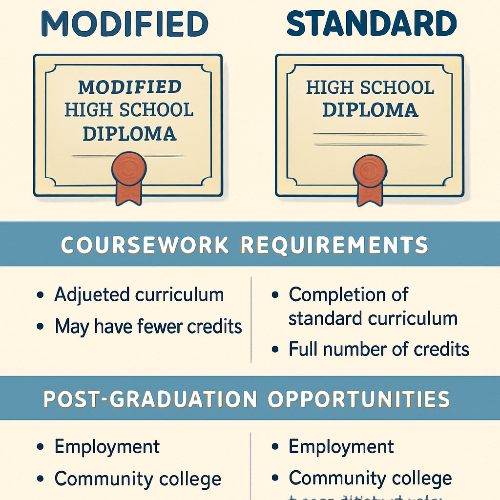 A comparison chart showing the differences between modified and standard high school diplomas, including coursework requirements and post-graduation opportunities. Comparison chart of modified vs standard high school diplomas.